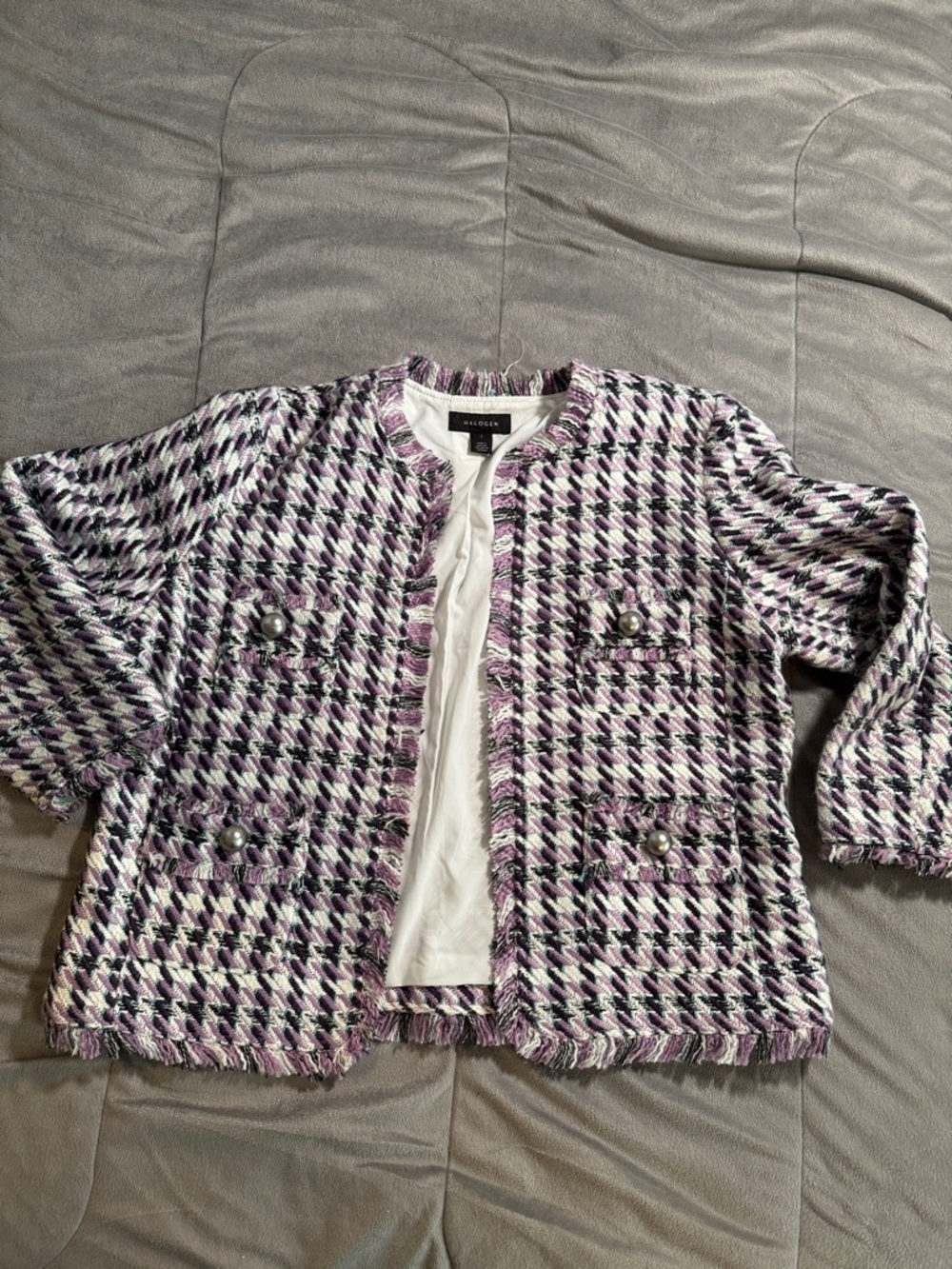 Halogen womens Cropped Tweed Jacket in Lavender Houndstooth 1= Sz L 14